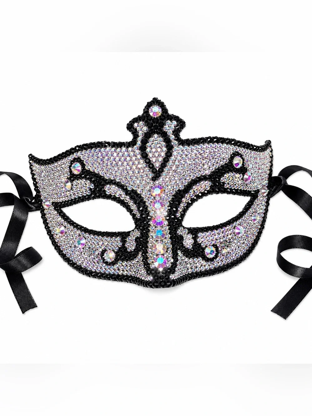 Jet Black & Crystal AB Iridescent Masquerade Face Mask With Ribbon Ties New